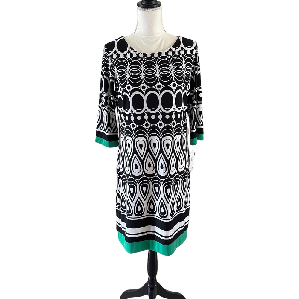 Studio One - Size 12- Black and White Patterned Dress with Green Trim — NWT!!